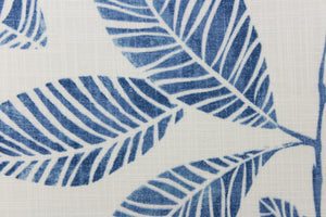 This beautiful design features a gorgeous large leaf print in blue against a white background.