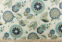 Load image into Gallery viewer,  This fun fabric features a floral pattern in blue, brown, teal, khaki, dark green, and a brown gray  on a off white background. 
