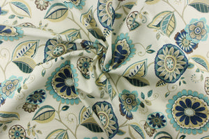  This fun fabric features a floral pattern in blue, brown, teal, khaki, dark green, and a brown gray  on a off white background. 