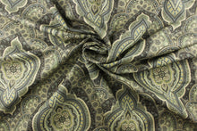 Load image into Gallery viewer, This pattern offers a large demask/paisley design in gray tones, varying shades of light or pale green and muted yellow or gold tones outlined in black.
