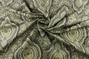 This pattern offers a large demask/paisley design in gray tones, varying shades of light or pale green and muted yellow or gold tones outlined in black.