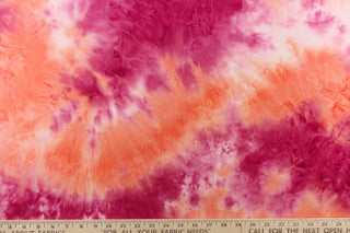   This lycra features an 8 way stretch in a  fun tie dye design, with colors of orange, deep pink and hints of white.