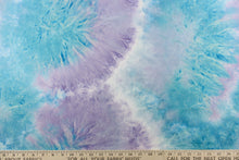 Load image into Gallery viewer,  This lycra features an 8 way stretch in a fun tie dye design, with colors of pale purple, shades of blue and hints of white.
