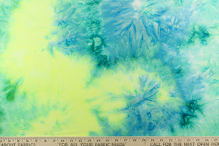  This lycra features an 8 way stretch in a fun tie dye design, with shades of green, lime green, blue green, yellow, neon yellow and hints of white.