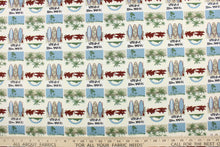 Load image into Gallery viewer,  Escape to the Hawaiian beaches with this colorful print that features palm trees and surfboards in the colors of green, blue, maroon dark brown, black, sand and white.  This versatile lightweight fabric is soft and easy to sew.  It would be great for quilting, crafting and sewing projects.  We offer this fabric in other colors.
