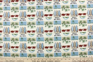  Escape to the Hawaiian beaches with this colorful print that features palm trees and surfboards in the colors of green, blue, maroon dark brown, black, sand and white.  This versatile lightweight fabric is soft and easy to sew.  It would be great for quilting, crafting and sewing projects.  We offer this fabric in other colors.