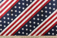 Load image into Gallery viewer, This fabric features an American flag in a diagonal direction with a wood grain look. 
