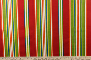 This fabric features a striped design in red, green, white, blue, orange and yellow.