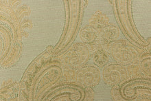 Load image into Gallery viewer, ornamental damask design in light beige and hints of light gold tones on a light green background
