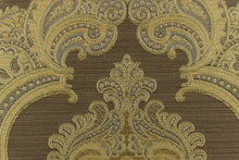 Load image into Gallery viewer, ornamental damask design in green and gray and hints of light gold on a dark gold background
