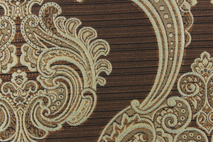 ornamental damask design in light blue and hints of copper tones on a dark brown background