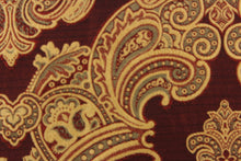 Load image into Gallery viewer, ornamental damask design in gray and gold on a deep red background
