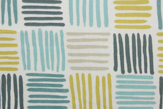 Ernie is a multiuse fabric featuring a linear box print design in an array of colors including beige, dark grey, spa green, teal and dark yellow on a dull white background. It can be used for several different statement projects including window accents (drapery, curtains and swags), decorative pillows, hand bags, bed skirts, duvet covers, upholstery and craft projects.  It has a soft workable feel yet is stable and has a durability rating of 30,000 double rubs.