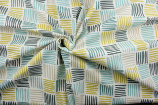 Ernie is a multiuse fabric featuring a linear box print design in an array of colors including beige, dark grey, spa green, teal and dark yellow on a dull white background. It can be used for several different statement projects including window accents (drapery, curtains and swags), decorative pillows, hand bags, bed skirts, duvet covers, upholstery and craft projects.  It has a soft workable feel yet is stable and has a durability rating of 30,000 double rubs.