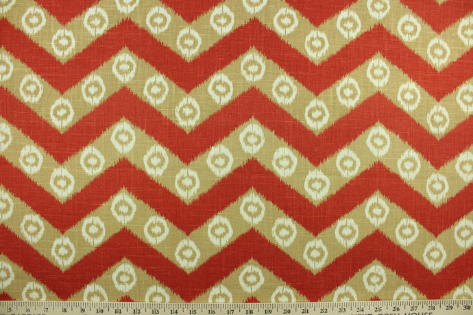 This linen/cotton blend fabric features a chevron pattern with ethnic accents.  It can be used for several different statement projects including window accents (drapery, curtains and swags), decorative pillows, hand bags, bed skirts, duvet covers, light duty upholstery and craft projects.  It has a soft workable feel yet is stable and durable with 15,000 double rubs.  Colors included are sienna, tan and off white.