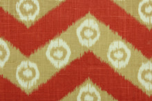 Load image into Gallery viewer, This linen/cotton blend fabric features a chevron pattern with ethnic accents.  It can be used for several different statement projects including window accents (drapery, curtains and swags), decorative pillows, hand bags, bed skirts, duvet covers, light duty upholstery and craft projects.  It has a soft workable feel yet is stable and durable with 15,000 double rubs.  Colors included are sienna, tan and off white.
