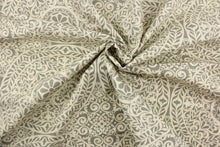 Load image into Gallery viewer, This fabric features medallion design in gray and a dull white. 
