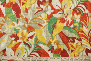  This medium weight fabric features a large leaf design in green, yellow, orange, red and cream.  It is stain and water resistant and can withstand up to 500 hours of direct sun exposure and has a durability rating of 30,000 double rubs.   Uses include decorative pillows, cushions, chair pads, tote bags, slip covers and upholstery.