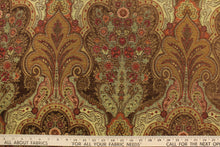 Load image into Gallery viewer, This tapestry features a demask design in dark brown, golden tan, rich red, brunt orange, and light green . 
