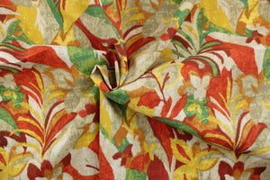  This medium weight fabric features a large leaf design in green, yellow, orange, red and cream.  It is stain and water resistant and can withstand up to 500 hours of direct sun exposure and has a durability rating of 30,000 double rubs.   Uses include decorative pillows, cushions, chair pads, tote bags, slip covers and upholstery.