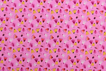 Load image into Gallery viewer, This fabric features a tiny seedlings design in yellow, white, orange, dark pink, black, and brown set against a pink background.
