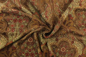 This tapestry features a demask design in dark brown, golden tan, rich red, brunt orange, and light green . 