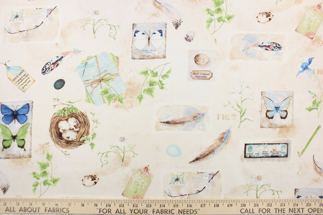  This fabric features a butterfly and floral design in blue, green, beige, brown, off white, white and tan. 