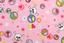 Load image into Gallery viewer, A fun funky design of peace signs, skull, crossbones and hearts in blue, red, yellow, black, white, lime green and orange set against a pink background. 
