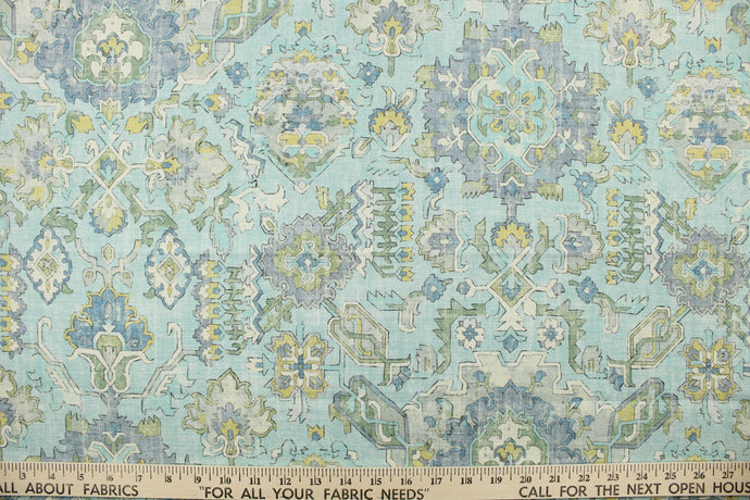 Lethbridge is a multi use blue and green ethnic damask print.  This fabric is perfect for light duty upholstery projects, window treatments (draperies, swags, valances) and toss pillows.