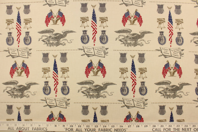 This fabric features a patriot design in red, blue, gray, and gold set against a beige background. 