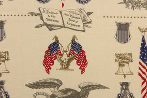 This fabric features a patriot design in red, blue, gray, and gold set against a beige background. 