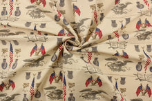 Load image into Gallery viewer, This fabric features a patriot design in red, blue, gray, and gold set against a beige background. 
