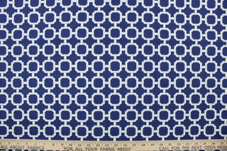 This multi use outdoor fabric features a geometric design in white against a navy blue background.  It is stain and water resistant and can withstand up to 500 hours of direct sun exposure.  Uses include decorative pillows, cushions, chair pads, tote bags and upholstery.  We offer this fabric in several different colors.