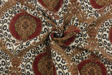 Load image into Gallery viewer, This tapestry features a beautiful medallion design in deep red, green, black, golden tan, and cream . 
