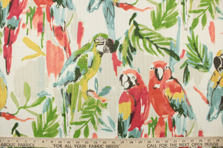 This multi use printed fabric features bright colored parrots perched on lush jungle branches.  Colors included are red, yellow, blue, brown and green on an off white background.  Perfect for window treatments, decorative pillows, handbags, light duty upholstery applications and almost any craft project.  This fabric has a soft workable feel yet is stable and durable.