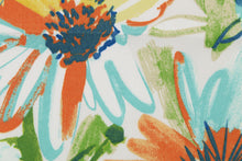 Load image into Gallery viewer, Mabula is a multi use fabric featuring a large floral, watercolor design in green, blue, orange and mustard yellow on a white background.  It is stain and water resistant and can withstand up to 500 hours of direct sun exposure.  Uses include decorative pillows, cushions, chair pads, tote bags, slip covers and upholstery.
