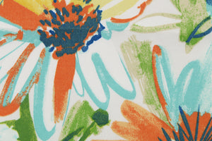 Mabula is a multi use fabric featuring a large floral, watercolor design in green, blue, orange and mustard yellow on a white background.  It is stain and water resistant and can withstand up to 500 hours of direct sun exposure.  Uses include decorative pillows, cushions, chair pads, tote bags, slip covers and upholstery.