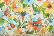 Load image into Gallery viewer, Mabula is a multi use fabric featuring a large floral, watercolor design in green, blue, orange and mustard yellow on a white background.  It is stain and water resistant and can withstand up to 500 hours of direct sun exposure.  Uses include decorative pillows, cushions, chair pads, tote bags, slip covers and upholstery.
