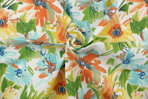 Mabula is a multi use fabric featuring a large floral, watercolor design in green, blue, orange and mustard yellow on a white background.  It is stain and water resistant and can withstand up to 500 hours of direct sun exposure.  Uses include decorative pillows, cushions, chair pads, tote bags, slip covers and upholstery.