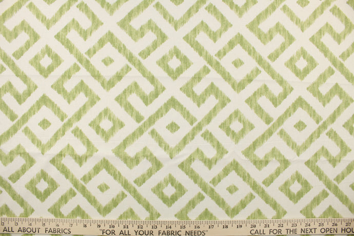 Harkin is a multi use printed fabric that features a geometrical design in green and white.  Perfect for window treatments, decorative pillows, handbags, light duty upholstery applications and almost any craft project.  This fabric has a soft workable feel yet is stable and durable with a rating of 15,000 double rubs.
