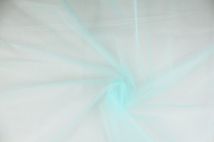 A sheer, semi firm, netting tulle in light turquoise blue.