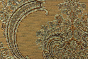 ornamental damask design in shades of brown with hints of mint green
