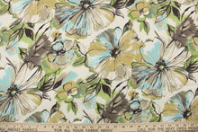 Load image into Gallery viewer, This medium weight fabric features a large floral, water color design in cream, green, brown, black, white and blue.  It is stain and water resistant and can withstand up to 500 hours of direct sun exposure and has a durability rating of 30,000 double rubs.   Uses include decorative pillows, cushions, chair pads, tote bags, slip covers and upholstery.
