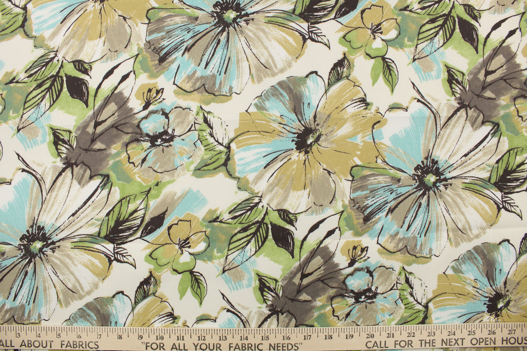 This medium weight fabric features a large floral, water color design in cream, green, brown, black, white and blue.  It is stain and water resistant and can withstand up to 500 hours of direct sun exposure and has a durability rating of 30,000 double rubs.   Uses include decorative pillows, cushions, chair pads, tote bags, slip covers and upholstery.