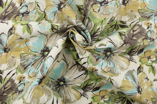 This medium weight fabric features a large floral, water color design in cream, green, brown, black, white and blue.  It is stain and water resistant and can withstand up to 500 hours of direct sun exposure and has a durability rating of 30,000 double rubs.   Uses include decorative pillows, cushions, chair pads, tote bags, slip covers and upholstery.