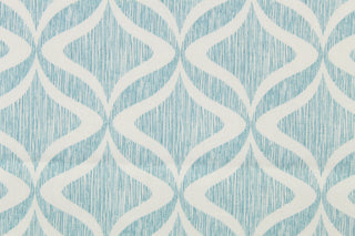 This printed fabric features a geometric design in white against thin vertical  aqua lines.  Perfect for window treatments, decorative pillows, handbags, light duty upholstery applications and almost any craft project.  This fabric has a soft workable feel yet is stable and durable.