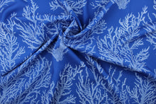 Load image into Gallery viewer, Keywest is a multi use fabric featuring a sea coral design in white against a marine blue background.  It is perfect for window treatments, decorative pillows, custom cushions, bedding, light duty upholstery applications and almost any craft project.  This fabric has a soft workable feel yet is stable and durable.
