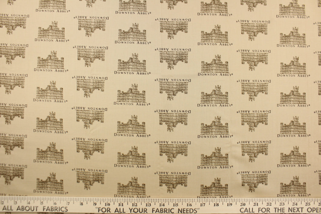 This quilting fabric features a Downton Abbey print in brown against beige. 