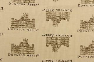 This quilting fabric features a Downton Abbey print in brown against beige. 