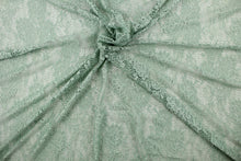 Load image into Gallery viewer,  This stretch lace features an intricate floral design in moss green.  It is sheer and breathable with a nice soft drape.  Uses include, apparel, dancewear, costumes, curtains and home decor.
